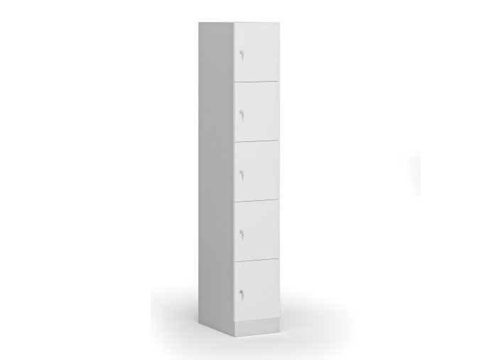 satni skrinka s uloznymi boxy 5 boxu 1850 x 300 x 500 mm cylindricky zamek laminovane dvere bila 110917