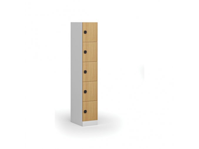 Šatní skříňka s úložnými boxy, 5 boxů, 1850 x 300 x 500 mm, kódový zámek, laminované dveře, buk
