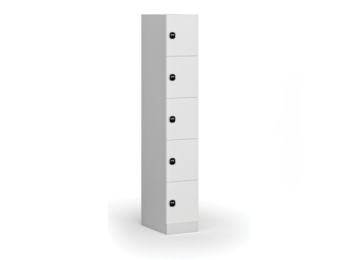 Šatní skříňka s úložnými boxy, 5 boxů, 1850 x 300 x 500 mm, RFID zámek, laminované dveře, bílá