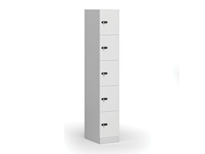 satni skrinka s uloznymi boxy 5 boxu 1850 x 300 x 500 mm mechanicky kodovy zamek laminovane dvere bila 111015