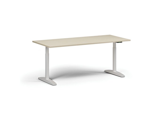 Výškově nastavitelný stůl OBOL, elektrický, 675-1325 mm, deska 1800x800 mm, bílá zaoblená podnož, bříza