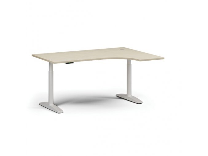 Výškově nastavitelný stůl OBOL, elektrický, 675-1325 mm, rohový pravý, deska 1600x1200 mm, bílá zaoblená podnož, bříza