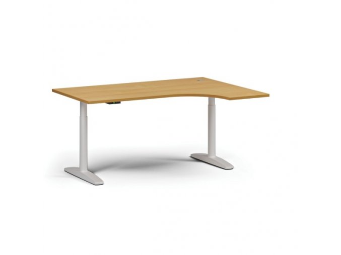 Výškově nastavitelný stůl OBOL, elektrický, 675-1325 mm, rohový pravý, deska 1600x1200 mm, bílá zaoblená podnož, buk