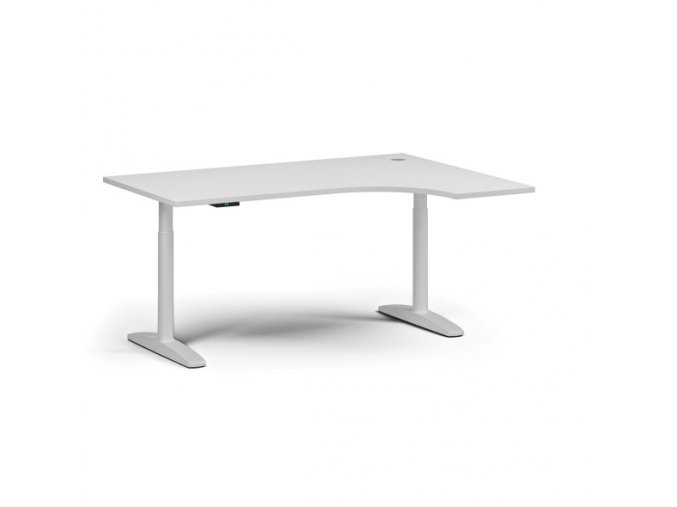 Výškově nastavitelný stůl OBOL, elektrický, 675-1325 mm, rohový pravý, deska 1600x1200 mm, bílá zaoblená podnož, bílá