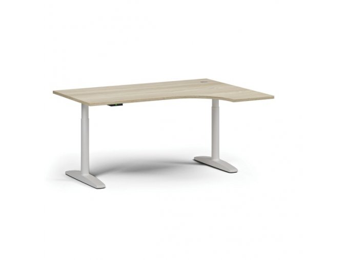 Výškově nastavitelný stůl OBOL, elektrický, 675-1325 mm, rohový pravý, deska 1600x1200 mm, bílá zaoblená podnož, dub přírodní