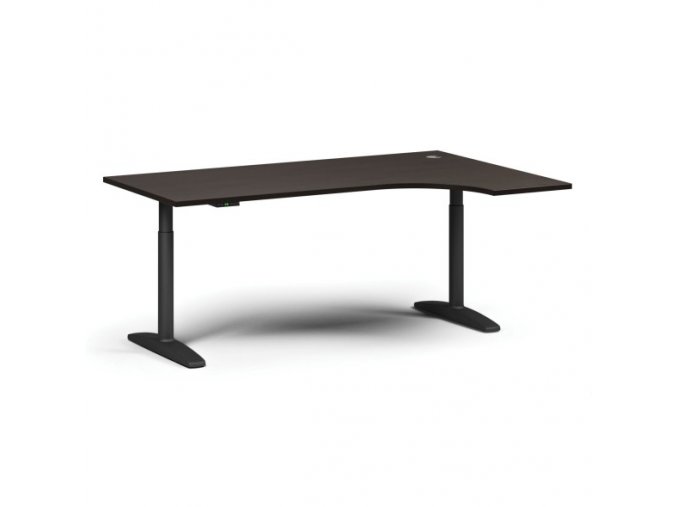 Výškově nastavitelný stůl OBOL, elektrický, 675-1325 mm, rohový pravý, deska 1800x1200 mm, černá zaoblená podnož, wenge