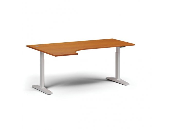 Výškově nastavitelný stůl, elektrický, 675-1325 mm, rohový levý, deska 1800x1200 mm, bílá podnož, třešeň