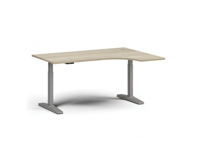 Výškově nastavitelný stůl, elektrický, 675-1325 mm, rohový pravý, deska 1600x1200 mm, šedá podnož, dub přírodní