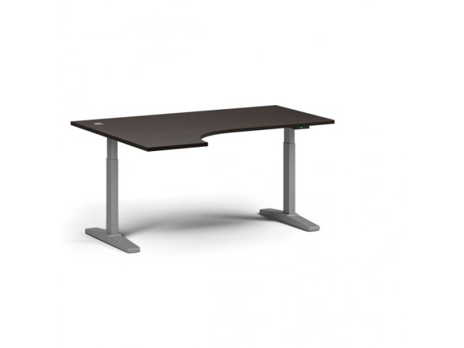 Výškově nastavitelný stůl, elektrický, 675-1325 mm, rohový levý, deska 1600x1200 mm, šedá podnož, wenge
