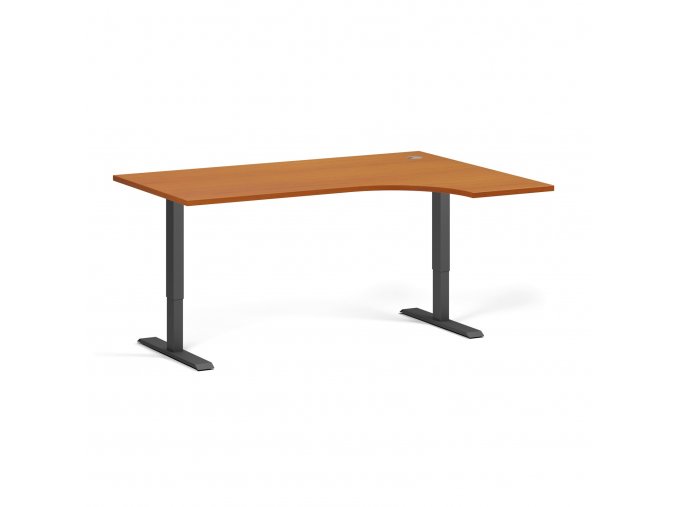 Výškově nastavitelný stůl, elektrický, 675-1325 mm, rohový pravý, deska 1600x1200 mm, černá podnož, třešeň