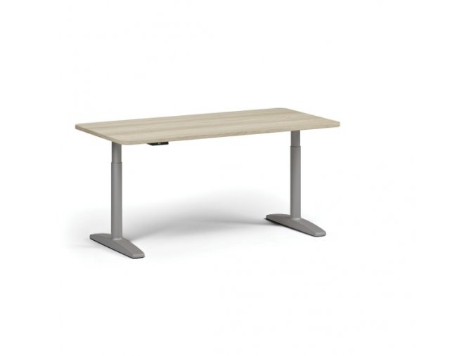 Výškově nastavitelný stůl OBOL, elektrický, 675-1325 mm, zaoblené rohy, deska 1600x800 mm, šedá zaoblená podnož, dub přírodní