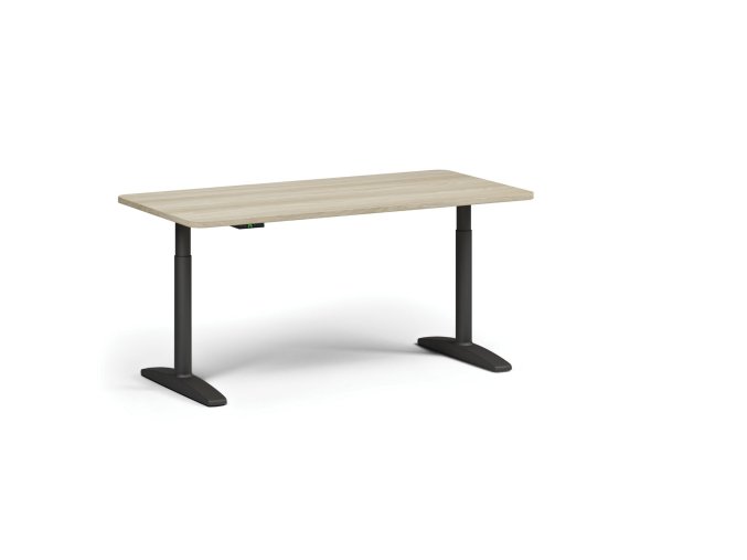 Výškově nastavitelný stůl OBOL, elektrický, 675-1325 mm, zaoblené rohy, deska 1600x800 mm, černá zaoblená podnož, dub přírodní