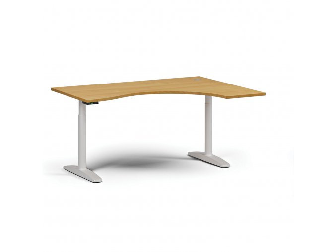 Výškově nastavitelný stůl OBOL, elektrický, 675-1325 mm, ergonomický pravý, deska 1600x1200 mm, bílá zaoblená podnož, buk