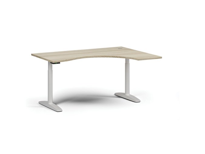 Výškově nastavitelný stůl OBOL, elektrický, 675-1325 mm, ergonomický pravý, deska 1600x1200 mm, bílá zaoblená podnož, dub přírodní
