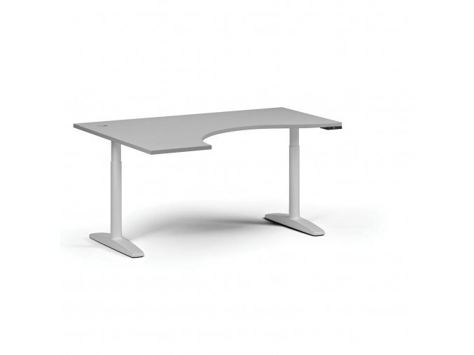 Výškově nastavitelný stůl OBOL, elektrický, 675-1325 mm, ergonomický levý, deska 1600x1200 mm, bílá zaoblená podnož, šedá