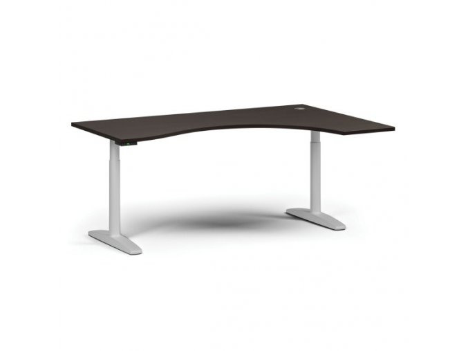 Výškově nastavitelný stůl OBOL, elektrický, 675-1325 mm, ergonomický pravý, deska 1800x1200 mm, bílá zaoblená podnož, wenge