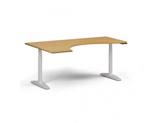 Výškově nastavitelný stůl OBOL, elektrický, 675-1325 mm, ergonomický levý, deska 1800x1200 mm, bílá zaoblená podnož, buk