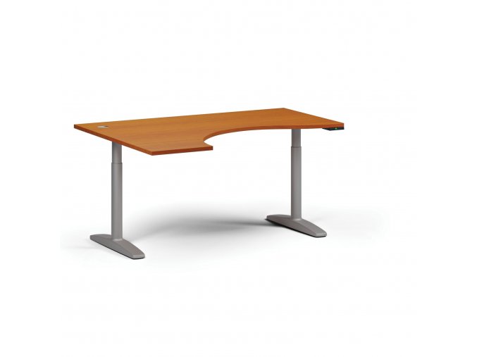 Výškově nastavitelný stůl OBOL, elektrický, 675-1325 mm, ergonomický levý, deska 1600x1200 mm, šedá zaoblená podnož, třešeň