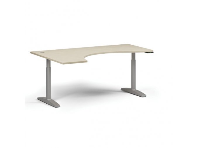Výškově nastavitelný stůl OBOL, elektrický, 675-1325 mm, ergonomický levý, deska 1800x1200 mm, šedá zaoblená podnož, bříza