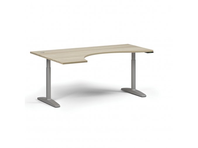 Výškově nastavitelný stůl OBOL, elektrický, 675-1325 mm, ergonomický levý, deska 1800x1200 mm, šedá zaoblená podnož, dub přírodní