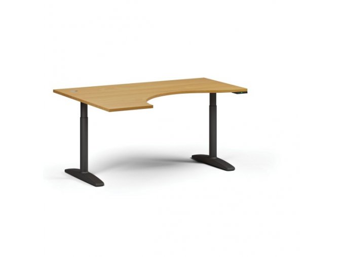 Výškově nastavitelný stůl OBOL, elektrický, 675-1325 mm, ergonomický levý, deska 1600x1200 mm, černá zaoblená podnož, buk