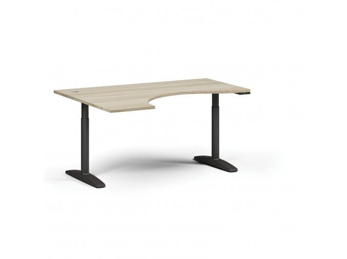 Výškově nastavitelný stůl OBOL, elektrický, 675-1325 mm, ergonomický levý, deska 1600x1200 mm, černá zaoblená podnož, dub přírodní