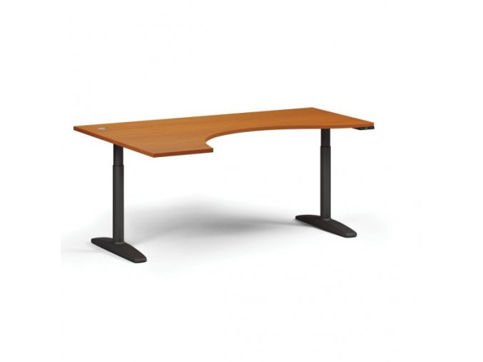 Výškově nastavitelný stůl OBOL, elektrický, 675-1325 mm, ergonomický levý, deska 1800x1200 mm, černá zaoblená podnož, třešeň