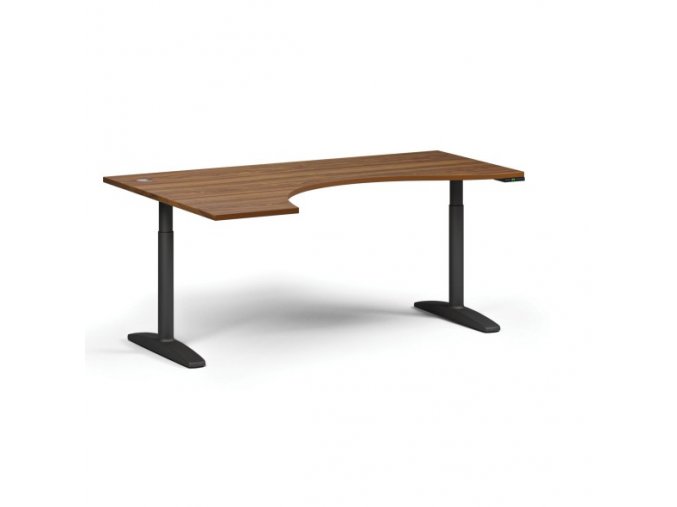 Výškově nastavitelný stůl OBOL, elektrický, 675-1325 mm, ergonomický levý, deska 1800x1200 mm, černá zaoblená podnož, ořech