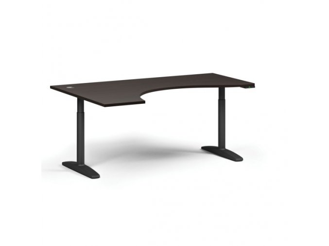 Výškově nastavitelný stůl OBOL, elektrický, 675-1325 mm, ergonomický levý, deska 1800x1200 mm, černá zaoblená podnož, wenge