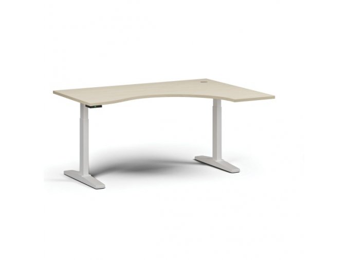 Výškově nastavitelný stůl, elektrický, 675-1325 mm, ergonomický pravý, deska 1600x1200 mm, bílá podnož, bříza