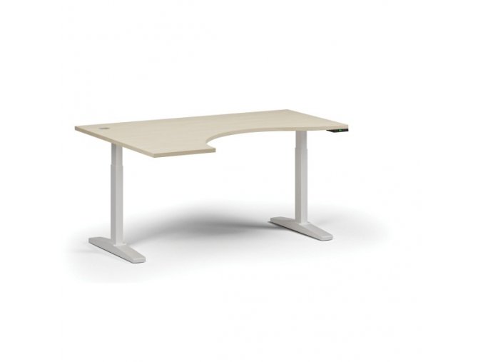 Výškově nastavitelný stůl, elektrický, 675-1325 mm, ergonomický levý, deska 1600x1200 mm, bílá podnož, bříza