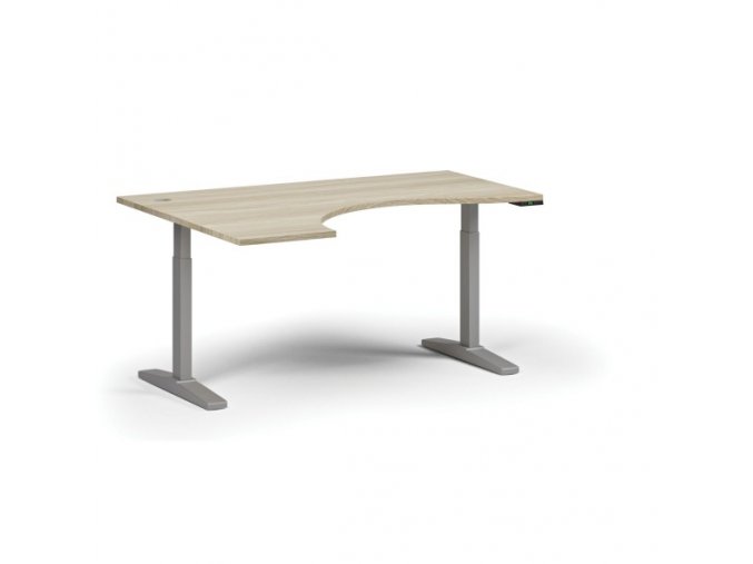 Výškově nastavitelný stůl, elektrický, 675-1325 mm, ergonomický levý, deska 1600x1200 mm, šedá podnož, dub přírodní