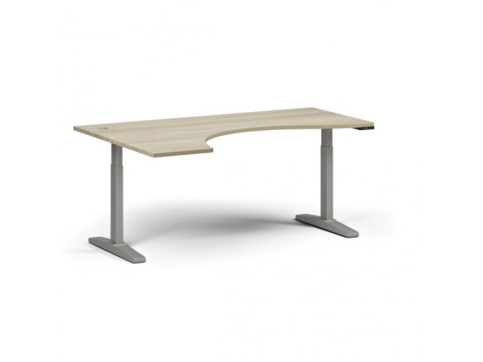 Výškově nastavitelný stůl, elektrický, 675-1325 mm, ergonomický levý, deska 1800x1200 mm, šedá podnož, dub přírodní