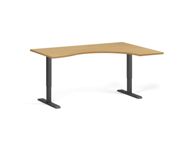 Ergonomický výškově nastavitelný stůl. 160x120 cm, 2 motory, L/P, černá podnož, buk