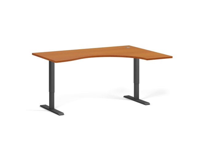 Ergonomický výškově nastavitelný stůl. 160x120 cm, 2 motory, L/P, černá podnož, třešeň