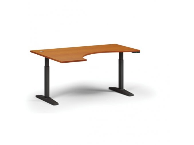 Výškově nastavitelný stůl, elektrický, 675-1325 mm, ergonomický levý, deska 1600x1200 mm, černá podnož, třešeň