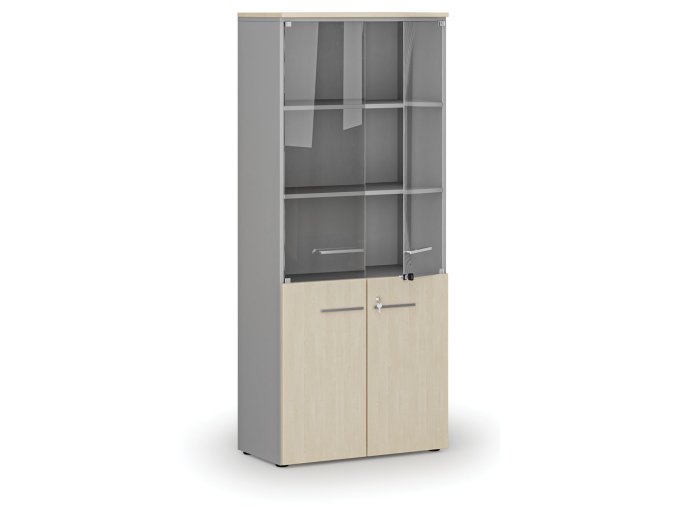 kombinovana kancelarska skrin primo gray s drevenymi a sklenenymi dvermi 800 x 420 x 1781 mm seda briza 72288