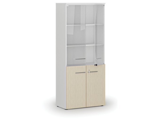 kombinovana kancelarska skrin primo white s drevenymi a sklenenymi dvermi 800 x 420 x 1781 mm bila briza 72304