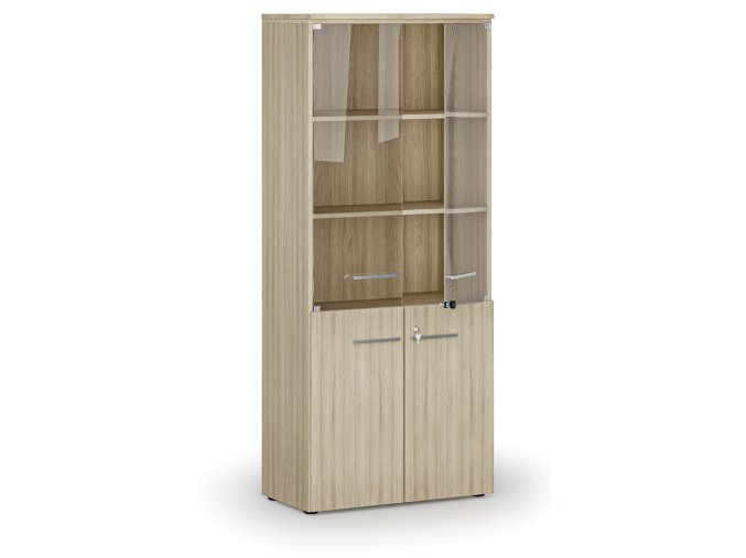 kombinovana kancelarska skrin primo wood s drevenymi a sklenenymi dvermi 800 x 420 x 1781 mm dub prirodni 72351