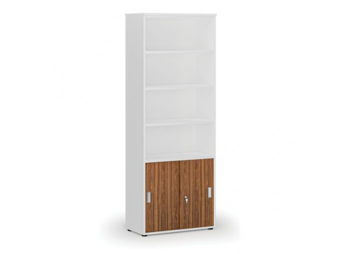 Kombinovaná kancelářská skříň PRIMO WHITE, zasouvací dveře na 2 patra, 2128 x 800 x 420 mm, bílá/ořech