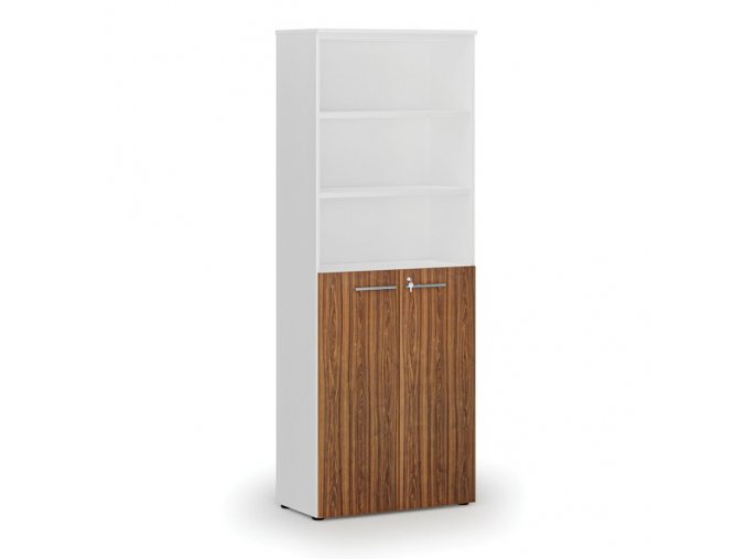 Kombinovaná kancelářská skříň PRIMO WHITE, dveře na 3 patra, 2128 x 800 x 420 mm, bílá/ořech