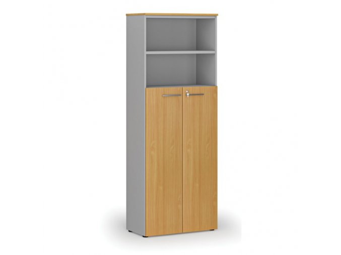 Kombinovaná kancelářská skříň PRIMO GRAY, dveře na 4 patra, 2128 x 800 x 420 mm, šedá/buk
