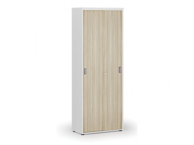 Kancelářská skříň se zasouvacími dveřmi PRIMO WHITE, 2128 x 800 x 420 mm, bílá/dub přírodní