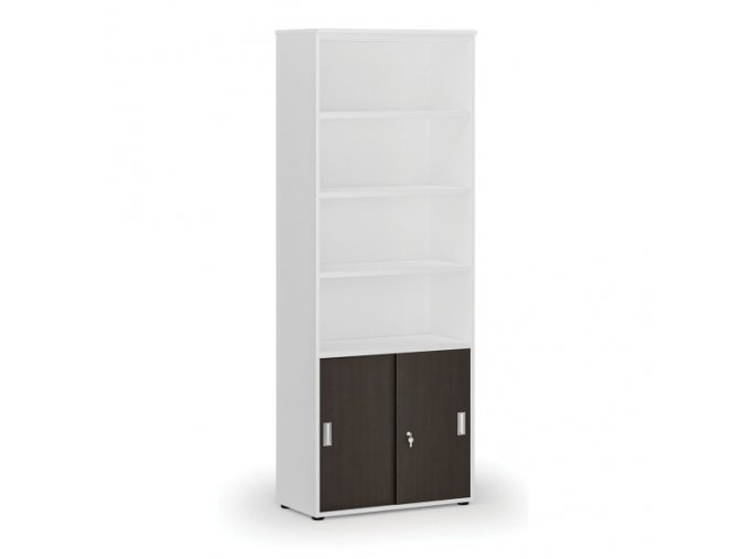 Kombinovaná kancelářská skříň PRIMO WHITE, zasouvací dveře na 2 patra, 2128 x 800 x 420 mm, bílá/wenge