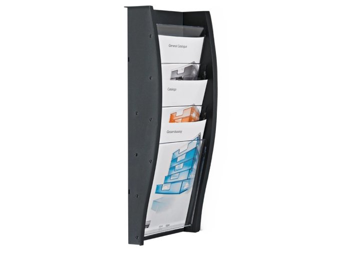 nastenny plastovy zasobnik na prospekty 4x a4 cerny 116380