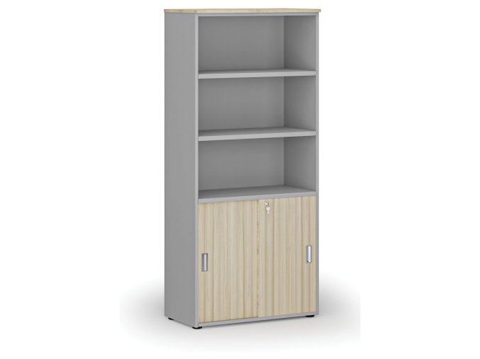 kombinovana kancelarska skrin primo gray zasouvaci dvere na 2 patra 800 x 420 x 1781 mm seda dub prirodni 74520