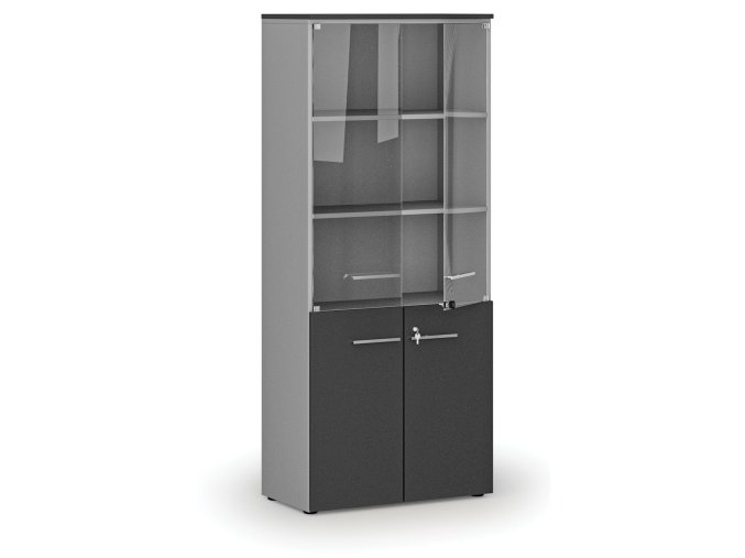 kombinovana kancelarska skrin s drevenymi a sklenenymi dvermi primo gray 800 x 420 x 1781 mm seda grafit 74553