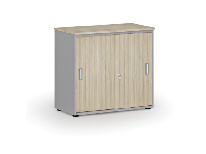 Kancelářská skříň se zasouvacími dveřmi PRIMO GRAY, 740 x 800 x 420 mm, šedá/dub přírodní