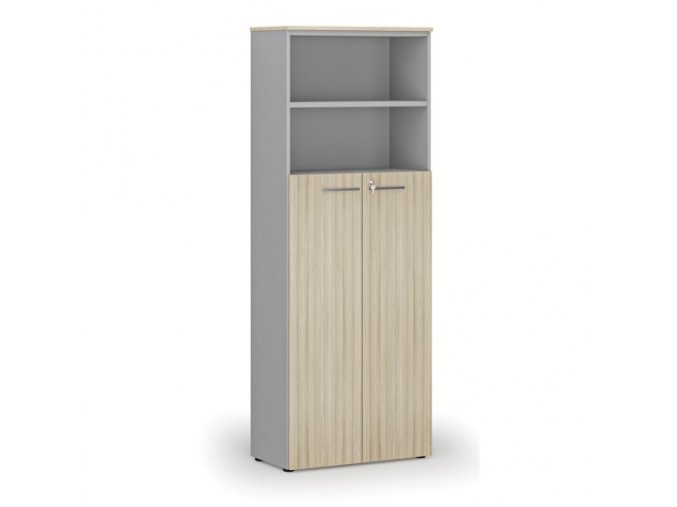 Kombinovaná kancelářská skříň PRIMO GRAY, dveře na 4 patra, 2128 x 800 x 420 mm, šedá/dub přírodní