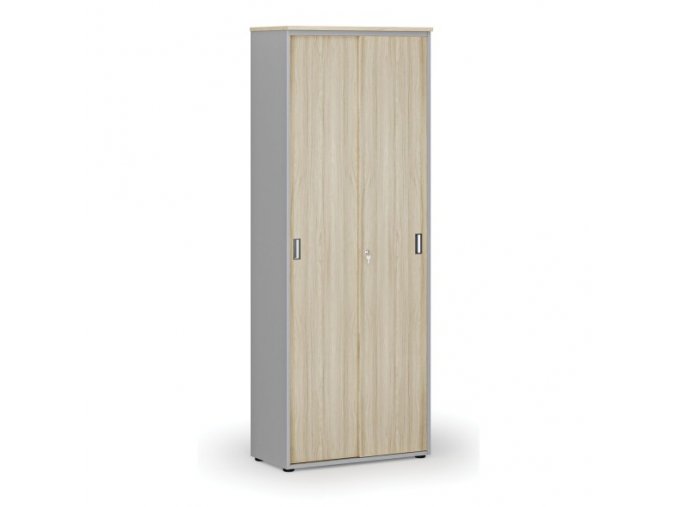 Kancelářská skříň se zasouvacími dveřmi, 2128 x 800 x 420 mm, šedá/dub přírodní